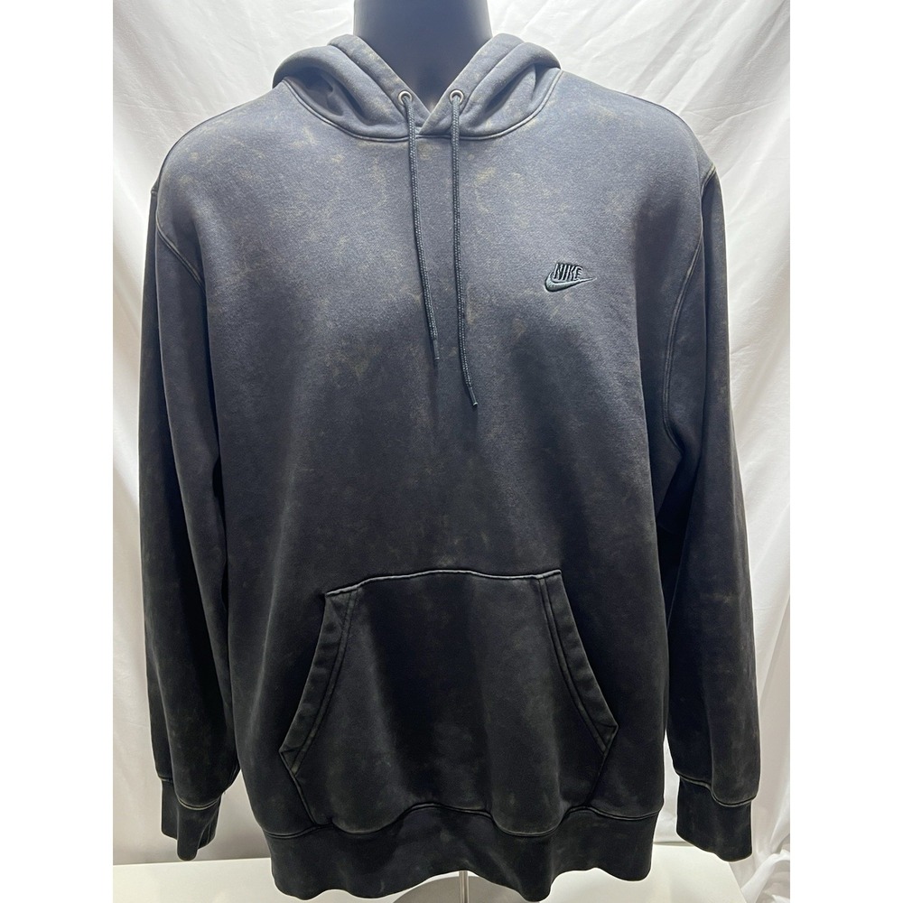 Nike Sportswear Club Washed Fleece Hoodie Men's Black Pullover Sweatshirt Size L